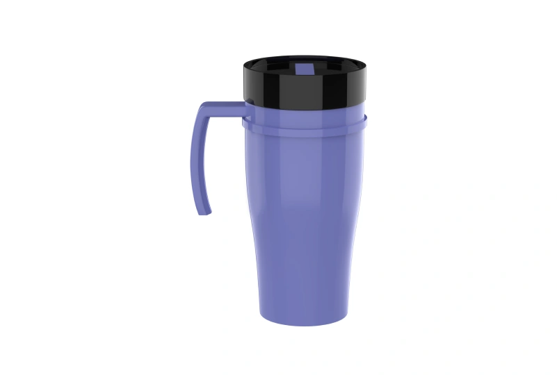 Purple travel mug with black lid.