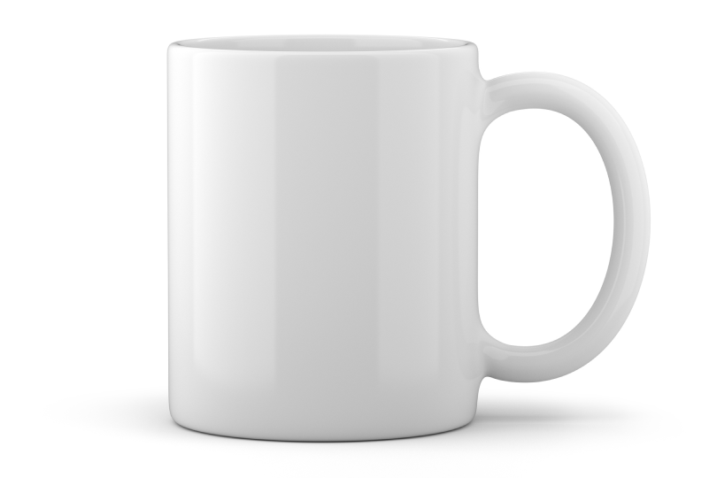 White ceramic mug with a handle.